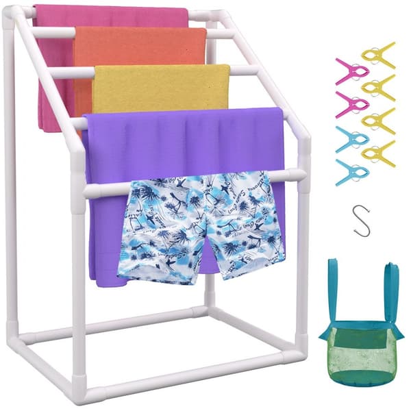 Pool håndklædeholder, 5 bar, hvid PVC. Fritstående til opbevaring ved swimmingpool, inkl. 8 clips, mesh taske og krog. Ideel til strand og svømmetur.
