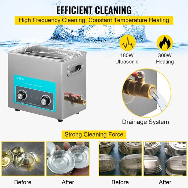 6,5L Ultrasonic Cleaner til smykker, tandproteser og musikinstrumenter. Med varme, timer og knapkontrol for effektiv rengøring.