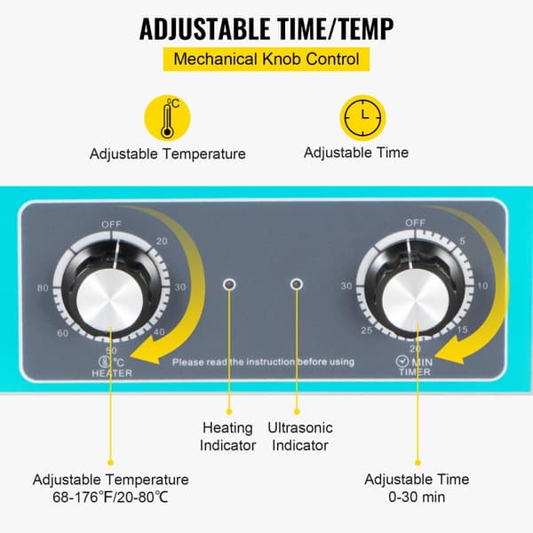 6,5L Ultrasonic Cleaner til smykker, tandproteser og musikinstrumenter. Med varme, timer og knapkontrol for effektiv rengøring.