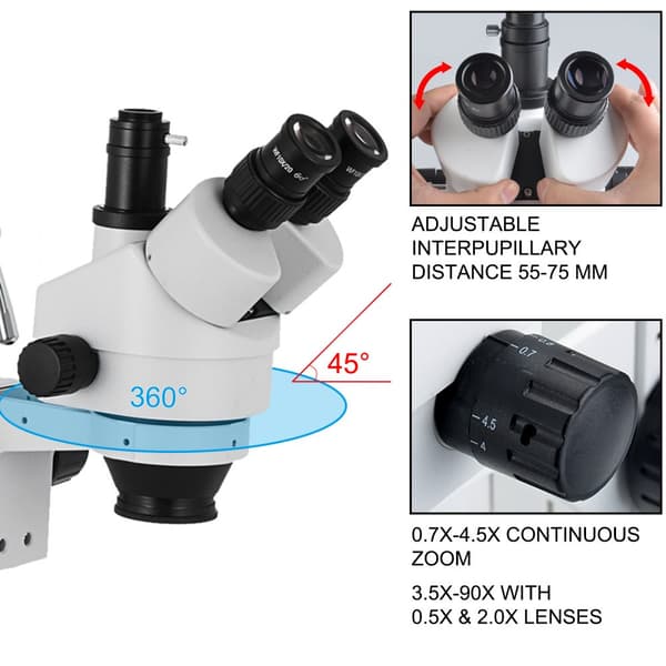 3,5X-90X Simul Fokalt Trinokulært Zoom Stereo Mikroskop i Al-Zn-Legering, 360° Drejbar, Dual Arm Stativ, Højdejusterbare Standere.
