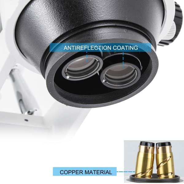 3,5X-90X Simul Fokalt Trinokulært Zoom Stereo Mikroskop i Al-Zn-Legering, 360° Drejbar, Dual Arm Stativ, Højdejusterbare Standere.