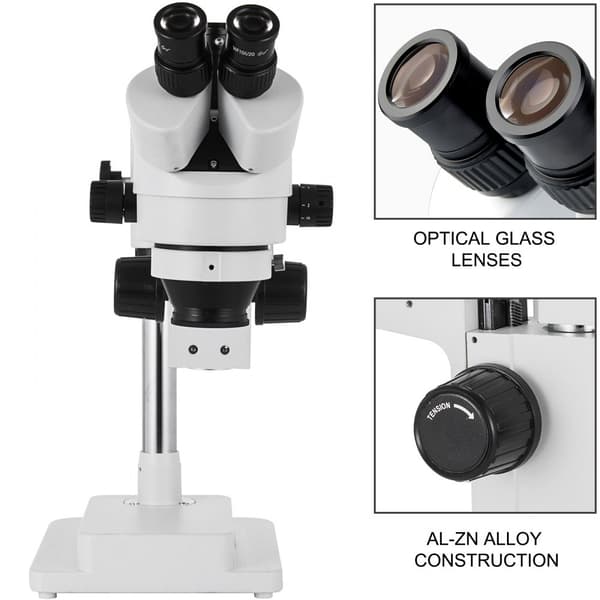 3,5X-90X Simul Fokalt Trinokulært Zoom Stereo Mikroskop i Al-Zn-Legering, 360° Drejbar, Dual Arm Stativ, Højdejusterbare Standere.