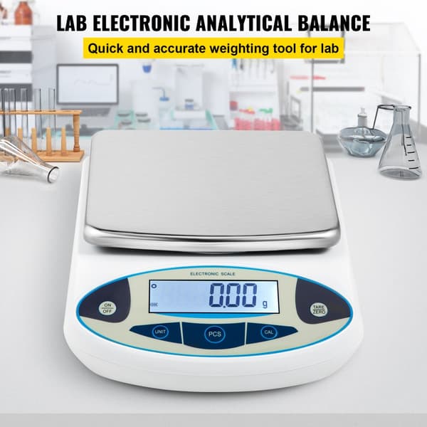 Analytisk balance, 5000g kapacitet, 0,01g præcision. Perfekt til laboratorier med højpræcisionsfunktioner og LCD-skærm.