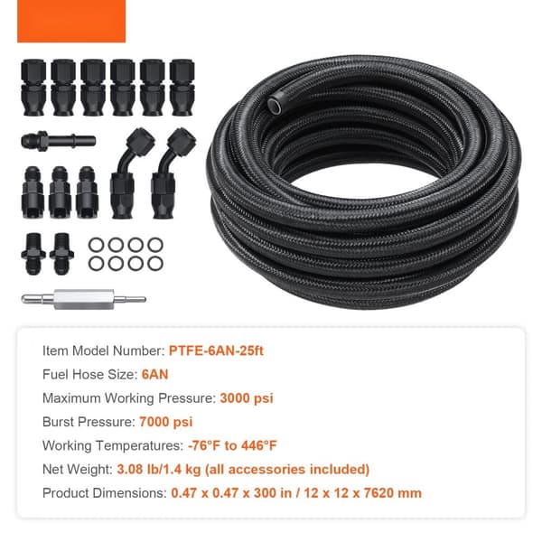 6AN brændstofledningssæt, 25 FT slangesæt, 5/16" nylon rustfrit stål PTFE brændstofslange, E85/olie/gas/diesel med 15 drejbare adaptersæt, sort.