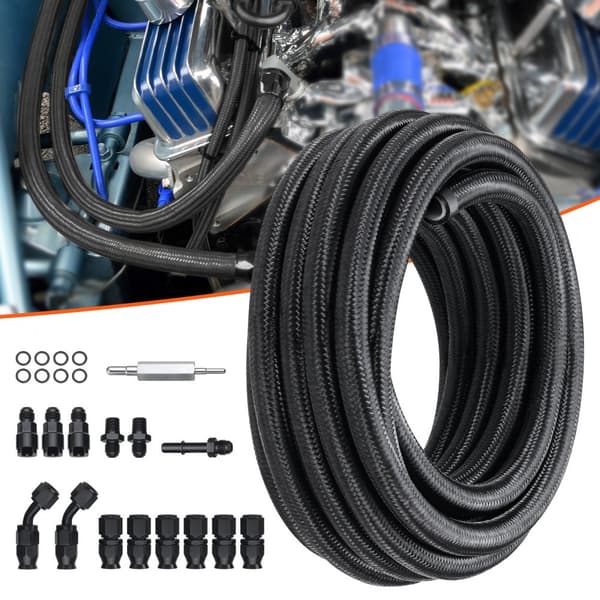 6AN brændstofledningssæt, 25 FT slangesæt, 5/16" nylon rustfrit stål PTFE brændstofslange, E85/olie/gas/diesel med 15 drejbare adaptersæt, sort.