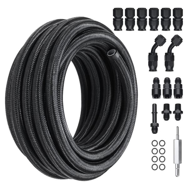 6AN brændstofledningssæt, 25 FT slangesæt, 5/16" nylon rustfrit stål PTFE brændstofslange, E85/olie/gas/diesel med 15 drejbare adaptersæt, sort.