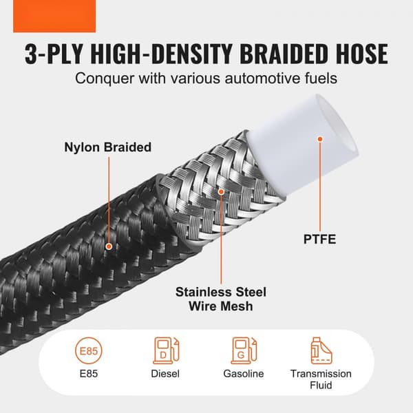 6AN brændstofledningssæt, 25 FT slangesæt, 5/16" nylon rustfrit stål PTFE brændstofslange, E85/olie/gas/diesel med 15 drejbare adaptersæt, sort.