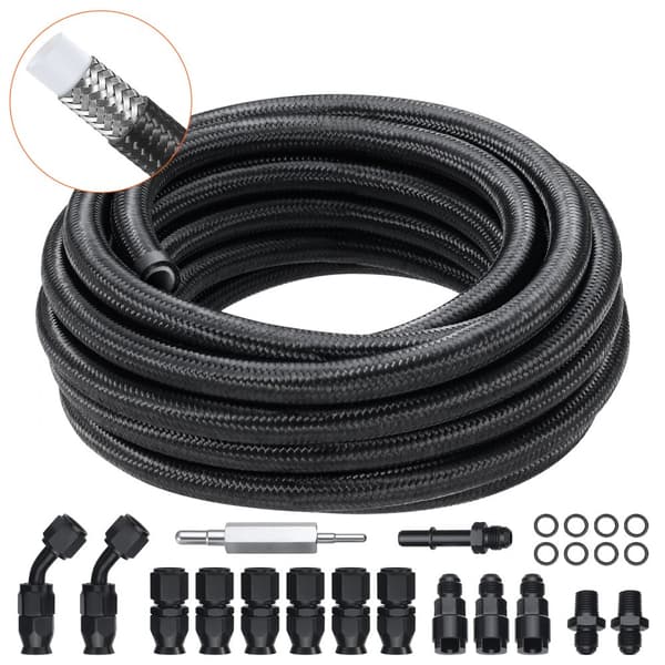 6AN brændstofledningssæt, 25 FT slangesæt, 5/16" nylon rustfrit stål PTFE brændstofslange, E85/olie/gas/diesel med 15 drejbare adaptersæt, sort.