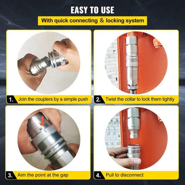 Hydraulisk hurtigkobling til skid steer, 1/2" NPT, 27,6 MPa (ISO 16028), 8 par koblinger til nem tilslutning.