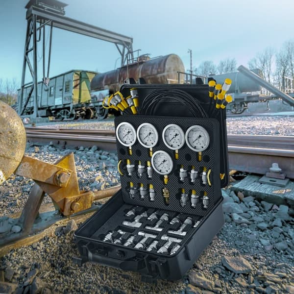 Hydraulisk trycktestsats 10/100/250/400/600bar, 5 mätare, 13 kopplingar, 14 T-anslutningar, 5 slangar, bärväska.