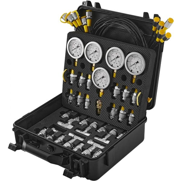 Hydraulisk trycktestsats 10/100/250/400/600bar, 5 mätare, 13 kopplingar, 14 T-anslutningar, 5 slangar, bärväska.