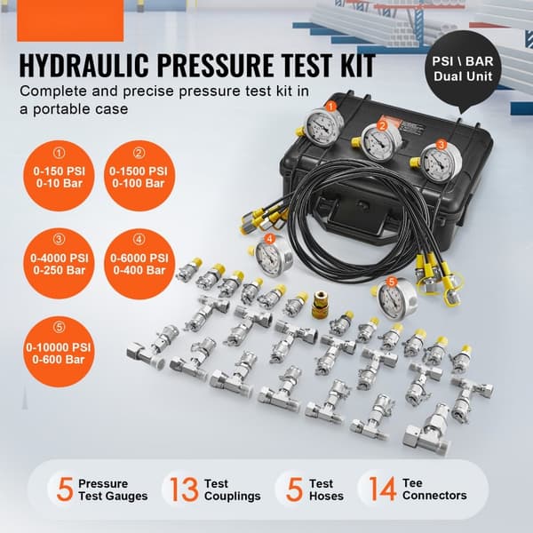 Hydraulisk tryktestsæt med 10/100/250/400/600 bar, inkl. 5 målere, 13 koblinger, 14 T-forbindelser og 5 testslanger. Transporttaske til gravemaskiner.