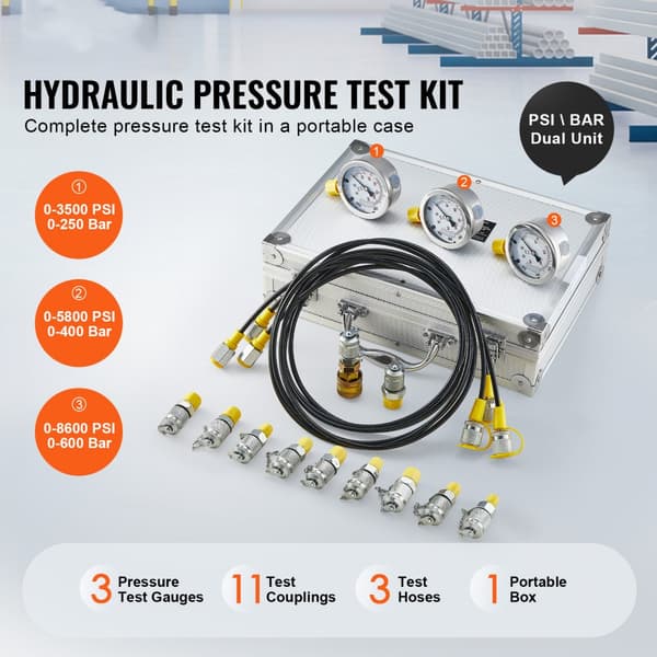 Hydraulisk tryktestsæt til gravemaskiner, 250/400/600 bar. Inkluderer 3 målere, 11 testkoblinger og 3 testslanger. Bærbar taske medfølger.