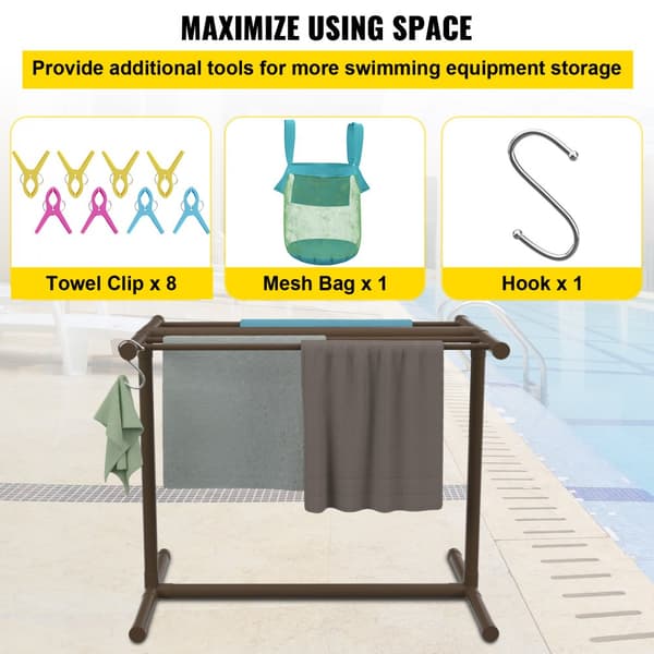 Håndklædeholder til pool, 5 bar, brun PVC T-form. Fritstående med 8 clips og krog. Opbevar flydere og padler. Ideel til strand og swimmingpool.
