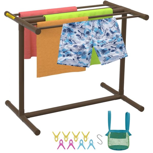 Håndklædeholder til pool, 5 bar, brun PVC T-form. Fritstående med 8 clips og krog. Opbevar flydere og padler. Ideel til strand og swimmingpool.