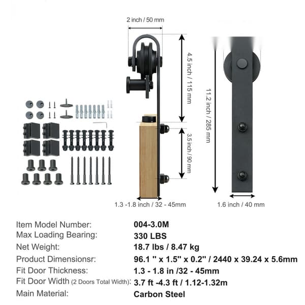 8FT Skydedør Hardware Kit, 330LBS Stærk Stalddørssystem til dobbeltdøre, passer til 3,7-4,3FT bredde og 1,3"-1,8" tykke paneler, med stille remskive.