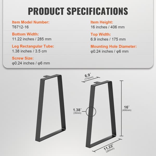 406,4 mm trapeziske stålbordsben, sæt med 2 til DIY sofaborde, moderne skriveborde, bænke og natborde. Maks. belastning 181,4 kg. Robust og hurtig