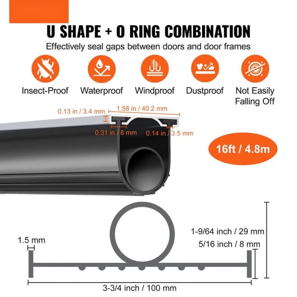 Garageporttætninger med U-formet bundgummi + O-ring, aluminiumsskinne og tilbehør, 16 fod, 3 3/4 tommer bred, sort.