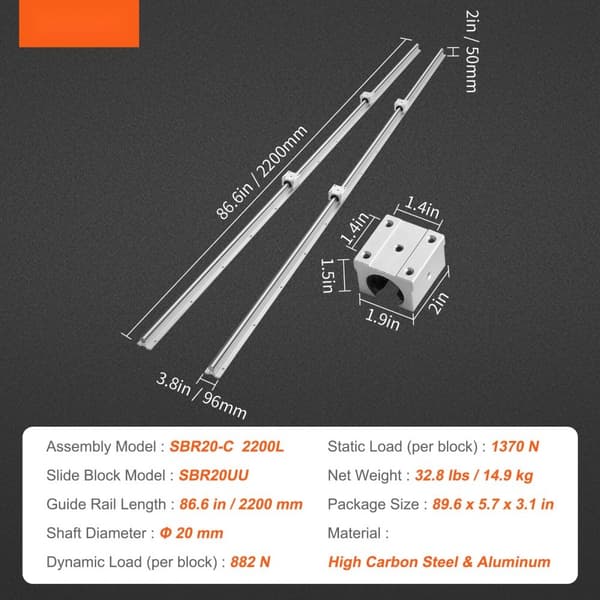Linjära styrskenor SBR20 2200 mm, 2 ST, 4 ST SBR20UU glidblock för CNC-routermaskiner, DIY-projekt.