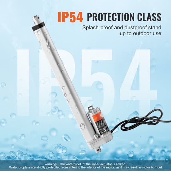 Lineaarinen toimilaite 12 V, 12 tuumaa, nopeus 0,55"/s, maksimi kuormitus 220 lbs/1000N, IP54 suojattu.