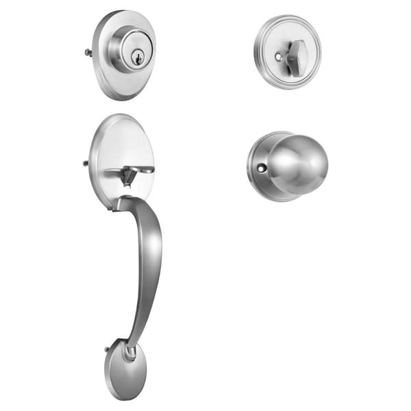 Framdörrhandtag och låssats, satinnickel med knopp, justerbart hålavstånd, för både höger- och vänsterhänt dörr.