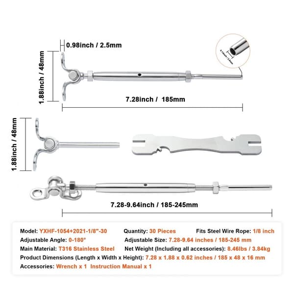 Säädettävä T316 ruostumaton teräs 3,2 mm kaapelikaiteen kulma, 0-180 astetta, helppo asennus, hopea (30 kpl)