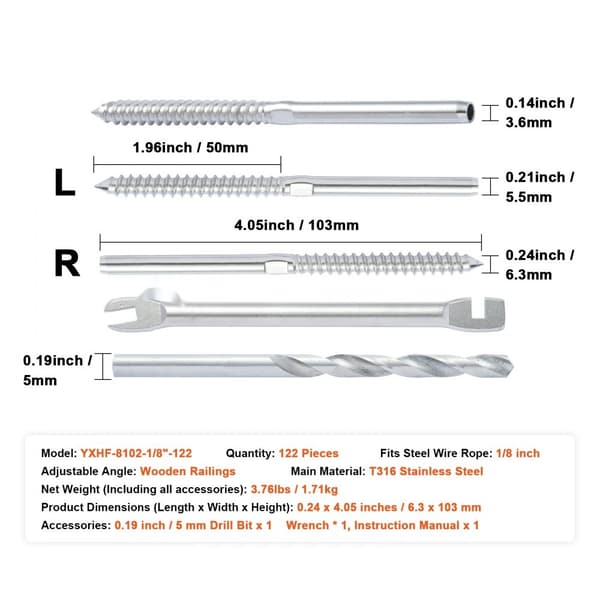 122-pack kabelräcke Swage gängad dubbspänning ände terminal för 3,2 mm däckkabel, T316 rostfritt stål, silver.