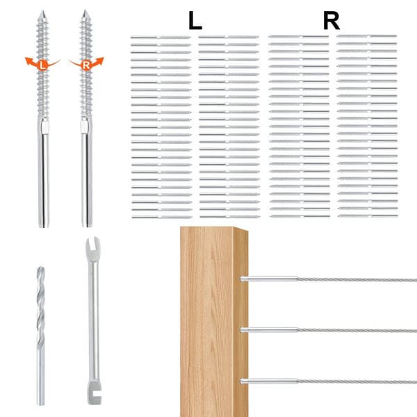 102 Pack Kaapelikaide Swage-kierre, 3,2 mm T316 ruostumaton teräs, liitin puu-/metallitolppaan, hopea.