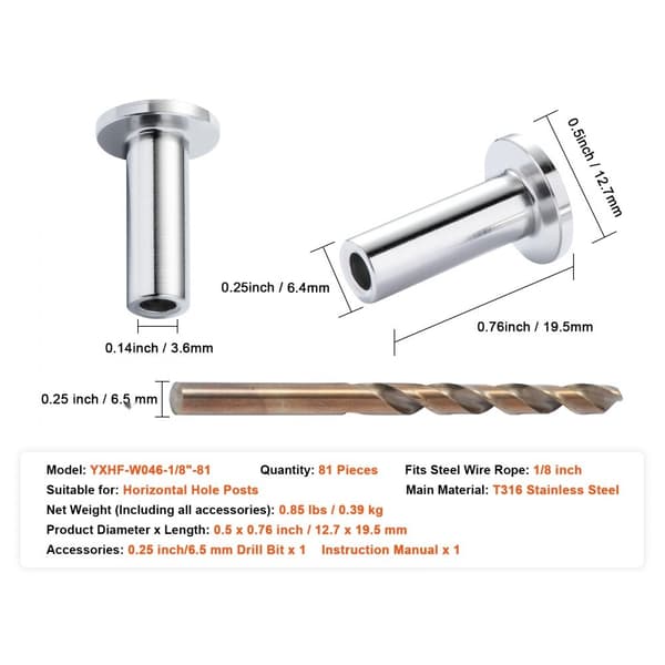 81 stk T316 rustfrit stål beskyttelseshylstre til 3,2 mm wire-kabelgelænder, DIY balustrade T316 marinekvalitet, inkl. gratis bor, sølv