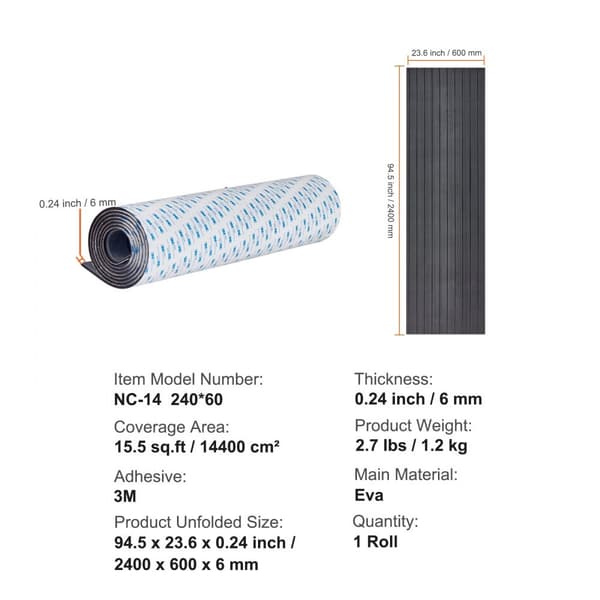 Båtgolv, EVA-skum båtbeläggning 94,5" x 23,6", halkfria självhäftande golv, 15,5 kvm marinmatta för båt och yacht.