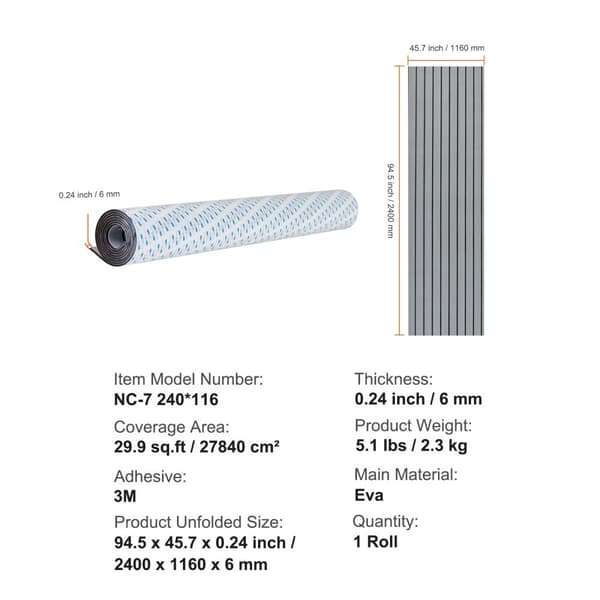 Bådgulve i EVA-skum 94,5" x 45,7", skridsikker og selvklæbende belægning, 29,9 kvm marinetæppe til båd, yacht og kajak.