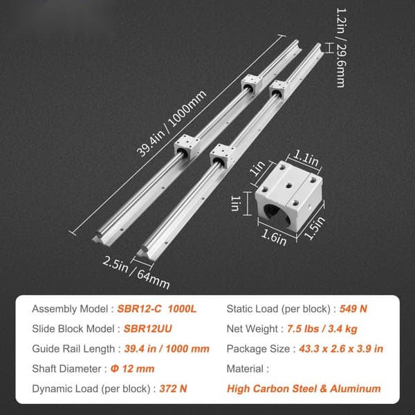 Linjära styrskenor SBR12 1000 mm, 2 ST, 39,4 tum, 4 ST SBR12UU glidblock för CNC-router DIY-projekt.