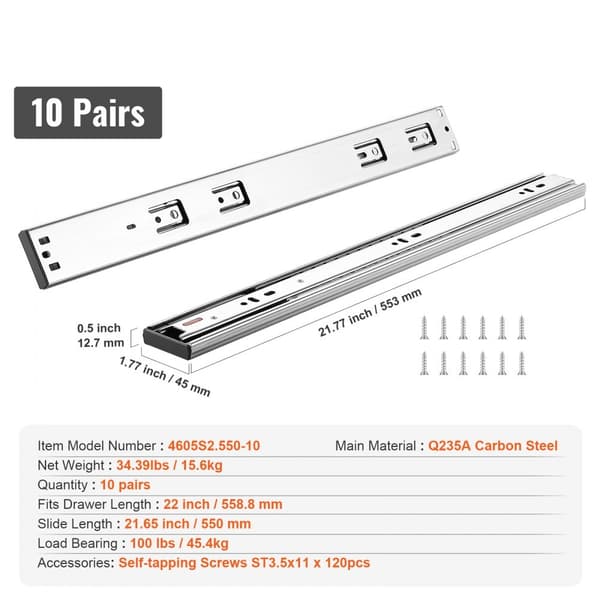 10 par 558,8 mm lådslider med sidomonterade skenor, heavy duty full extension och soft-close, 100 pund kapacitet.