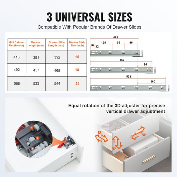 6 paria 533,4 mm laatikon sivukiinnikkeitä, kestävä täyskuulalaakeri, hiljainen ohjausliuku, 100 lbs lukitus.