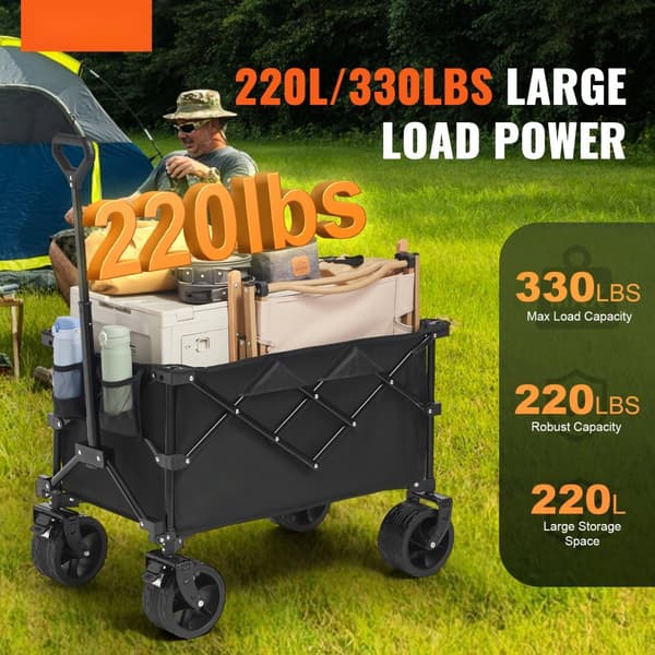 Sammenklappelig foldevogn 220 L med terrænhjul, Max 330 lbs, drikkevarerholder – ideel til camping, shopping og haven.