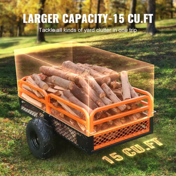 Kestävä teräksinen mönkijän kippiperävaunu, 1500 lbs, 15 kuutiojalkaa, irrotettavat sivut, 2 rengasta.