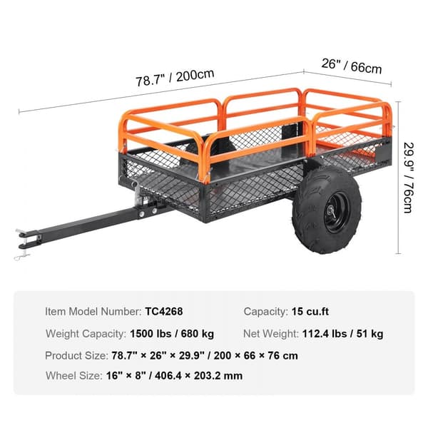 Kestävä teräksinen mönkijän kippiperävaunu, 1500 lbs, 15 kuutiojalkaa, irrotettavat sivut, 2 rengasta.