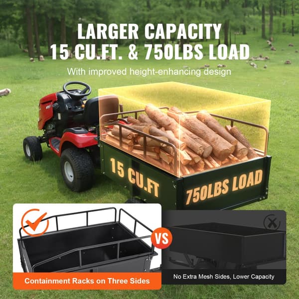 Robust ATV-trailer Ståldumpervogn, 750-lbs, 15 kubikfod, haveanhænger med fjernbare sider til plæneklipper og traktorer.