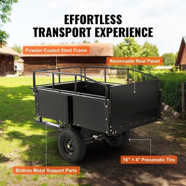 Robust ATV-trailer Ståldumpervogn, 750-lbs, 15 kubikfod, haveanhænger med fjernbare sider til plæneklipper og traktorer.