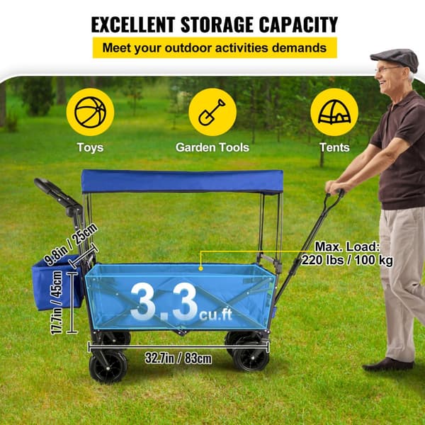 Fällbar trädgårdsvagn 92,7 x 54,3 x 98,5 cm, handvagn 100 kg, blå bollerwagen med tak och luftdäck i 600D Oxford-polyester.