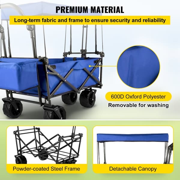 Fällbar trädgårdsvagn 92,7 x 54,3 x 98,5 cm, handvagn 100 kg, blå bollerwagen med tak och luftdäck i 600D Oxford-polyester.