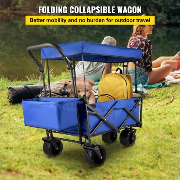 Fällbar trädgårdsvagn 92,7 x 54,3 x 98,5 cm, handvagn 100 kg, blå bollerwagen med tak och luftdäck i 600D Oxford-polyester.