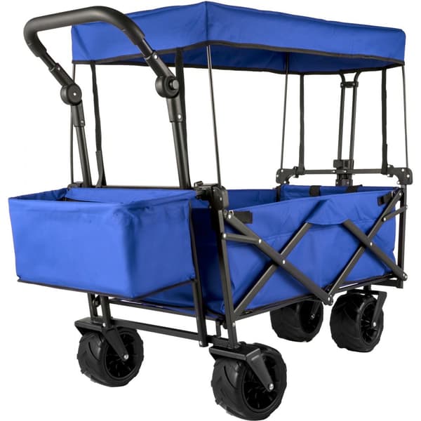 Fällbar trädgårdsvagn 92,7 x 54,3 x 98,5 cm, handvagn 100 kg, blå bollerwagen med tak och luftdäck i 600D Oxford-polyester.