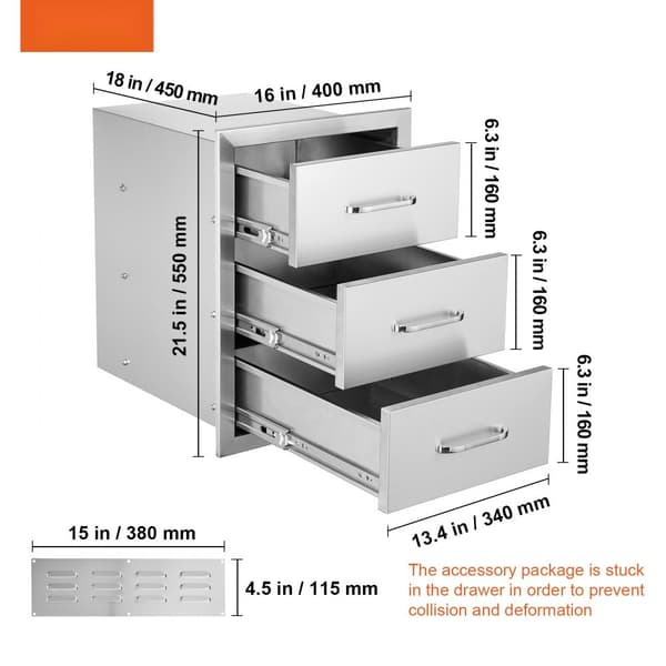 Ulkokeittiön 16" L x 21,5" K x 18" S vetolaatikot ruostumattomasta teräksestä, täydelliset BBQ-tiloihin.