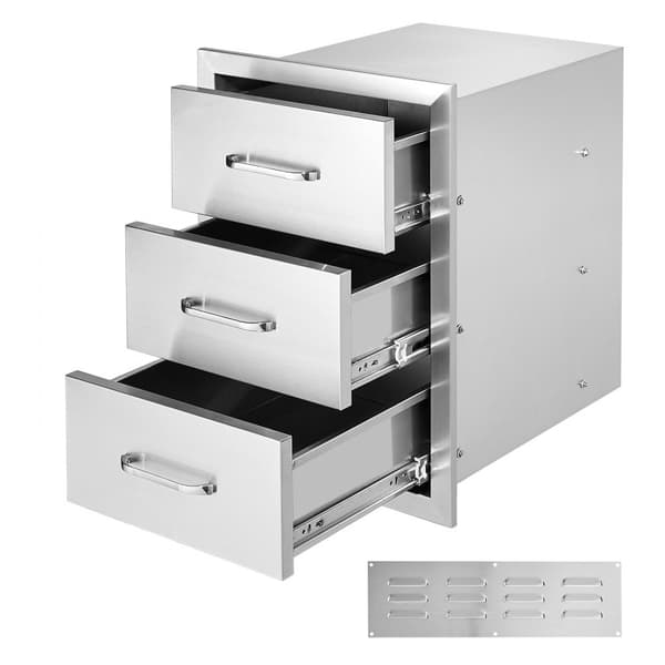 Udendørskøkkenskuffer i rustfrit stål: 16” B x 21,5” H x 18” D, Flush Mount med triple adgang. Perfekt til BBQ-øer og grillstationer.