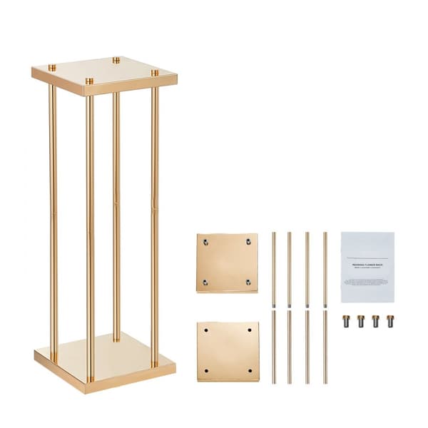 4 stk guld metal søjle blomsterstandere, 80 cm høj med geometrisk vase, perfekt til bryllupper og fester. Elegante midterstykker til receptioner.