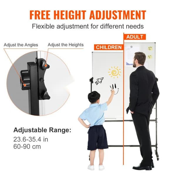 Rullande magnetisk whiteboard, dubbelsidig 24x48 tum, justerbar höjd, med hjul, inkl. 1 magnetraderare och 3 markörer.