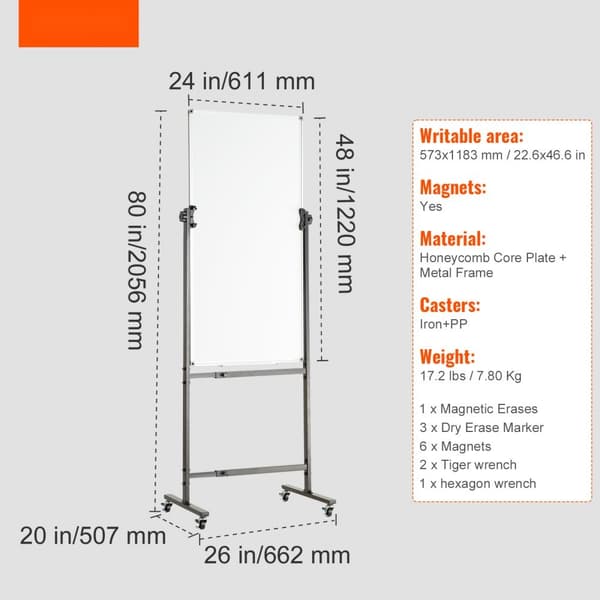 Rullande magnetisk whiteboard, dubbelsidig 24x48 tum, justerbar höjd, med hjul, inkl. 1 magnetraderare och 3 markörer.
