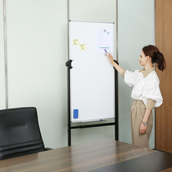 Rullande magnetisk whiteboard, dubbelsidig 24x48 tum, justerbar höjd, med hjul, inkl. 1 magnetraderare och 3 markörer.