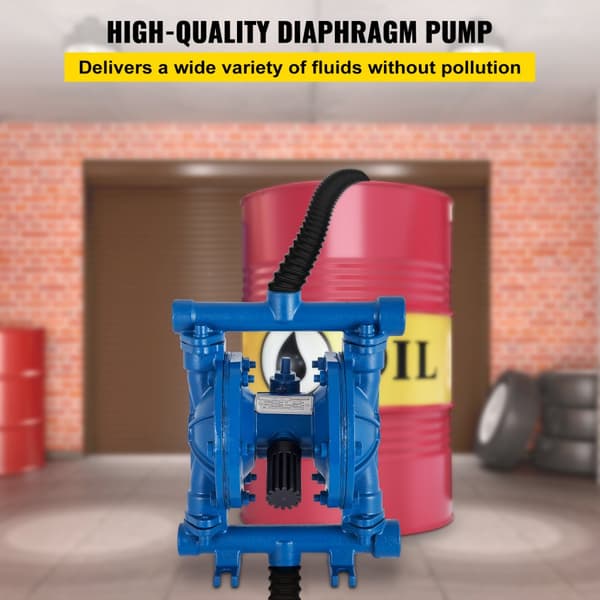 Ilmaohjattu kaksoismembraanipumppu, 1/2 tuuman sisään- ja ulostulo, valurautakotelo, 8,8 GPM, max. 120 PSI,